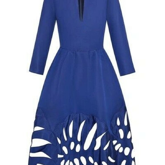 °$4,590 NEW OSCAR DE LA RENTA BLUE SILK LEAF MIDI DRESS US 8 - Picture 4 of 12